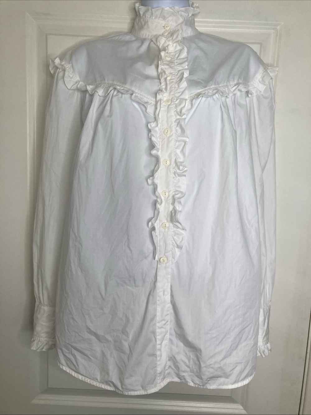 Vintage Ralph Lauren White Victorian Edwardian Blouse High Ruffled Collar Sz 14